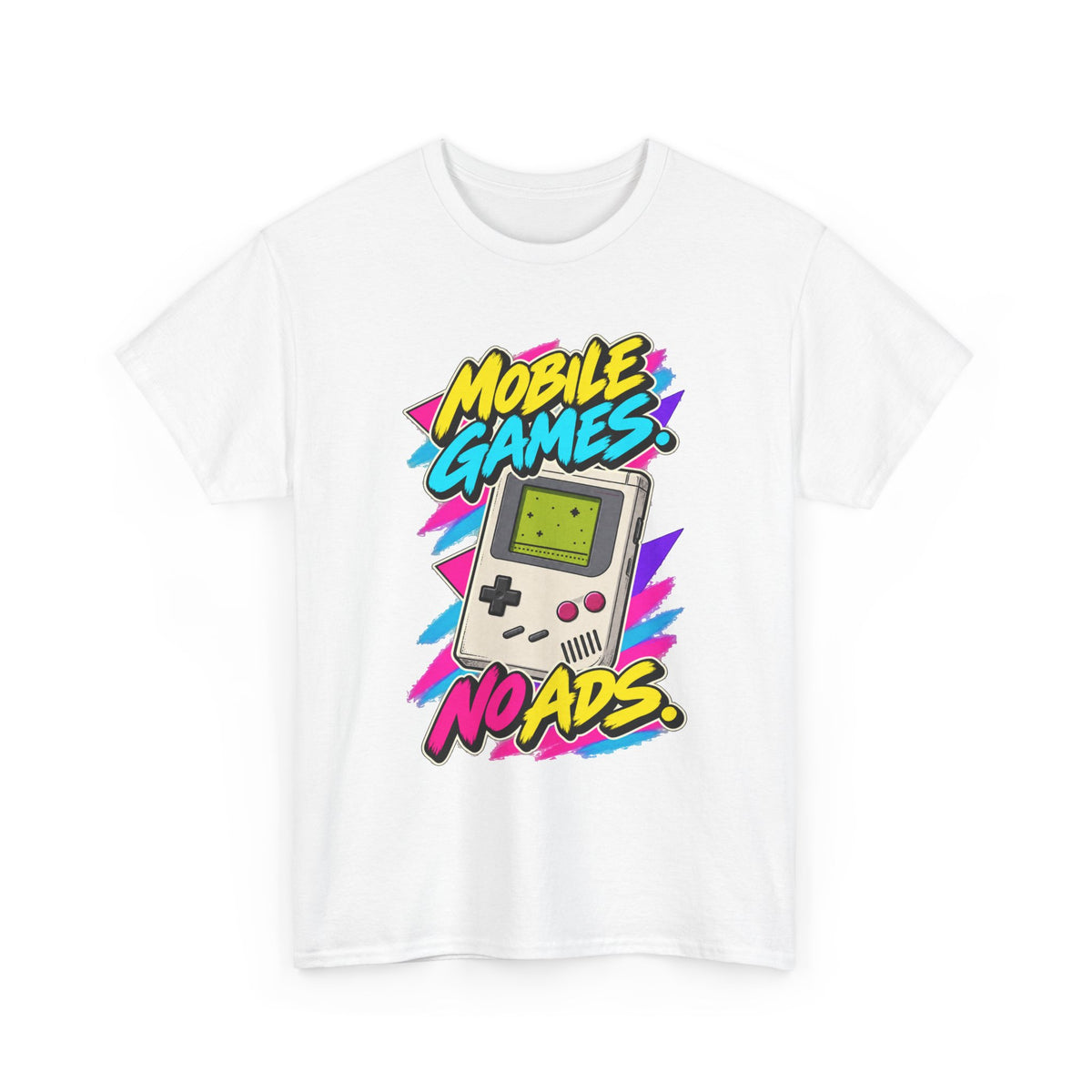 Mobile Games No Ads T-Shirt | Retro Handheld Gaming Nostalgia on a White T-shirt, view 1 (Color: White)