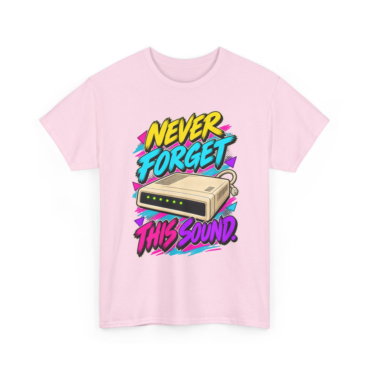 Never Forget This Sound T-Shirt | Retro Dial-Up Modem Nostalgia on a Light Pink T-shirt, view 4 (Color: Light Pink)
