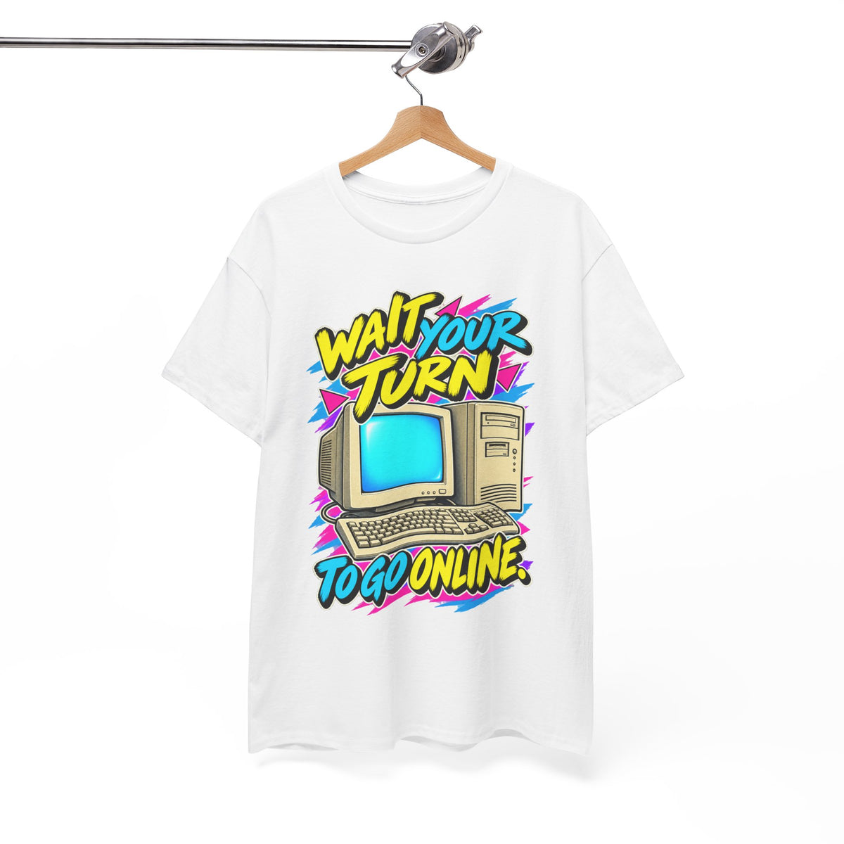 Wait Your Turn to Go Online T-Shirt | Retro Family Computer Nostalgia on a White T-shirt, view 7 (Color: White)