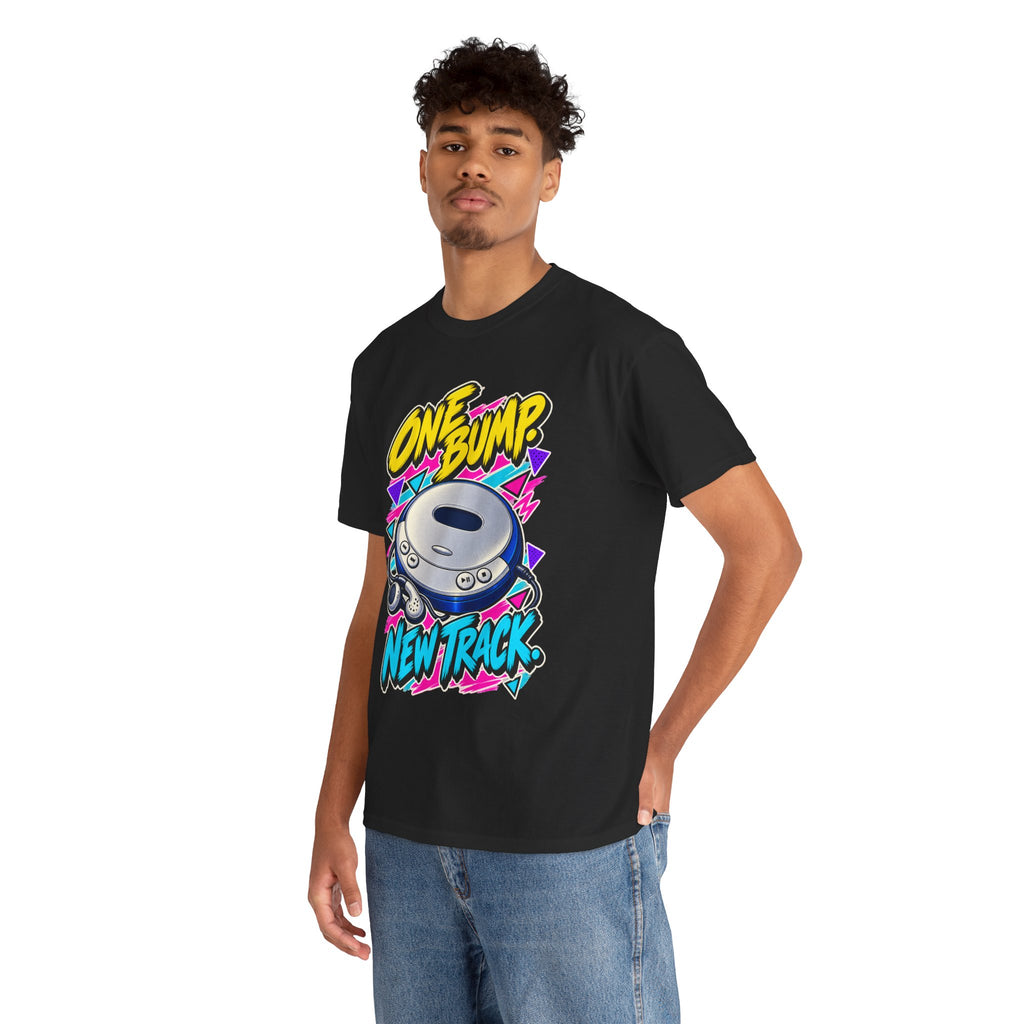 One Bump New Track T-Shirt | Retro CD Walkman Nostalgia on a Black T-shirt, view 18 (Color: Black)