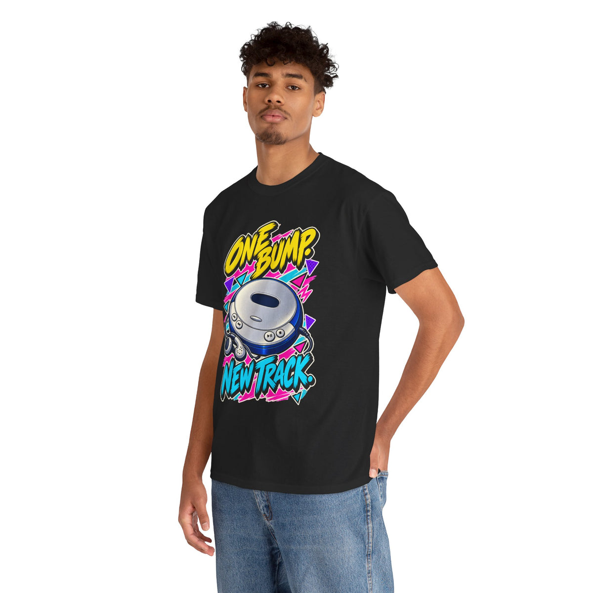 One Bump New Track T-Shirt | Retro CD Walkman Nostalgia on a Black T-shirt, view 18 (Color: Black)