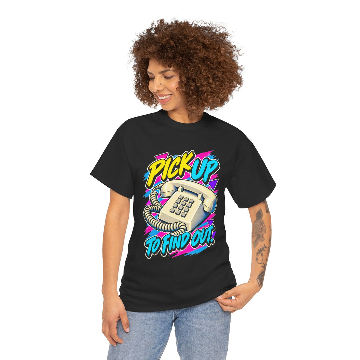 Pick Up to Find Out T-Shirt | Retro Landline Phone Nostalgia on a Black T-shirt, view 17 (Color: Black)