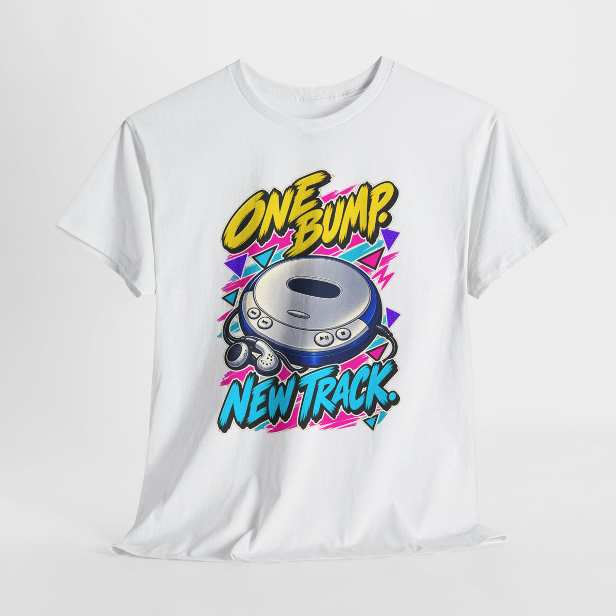 One Bump New Track T-Shirt | Retro CD Walkman Nostalgia on a White T-shirt, view 6 (Color: White)