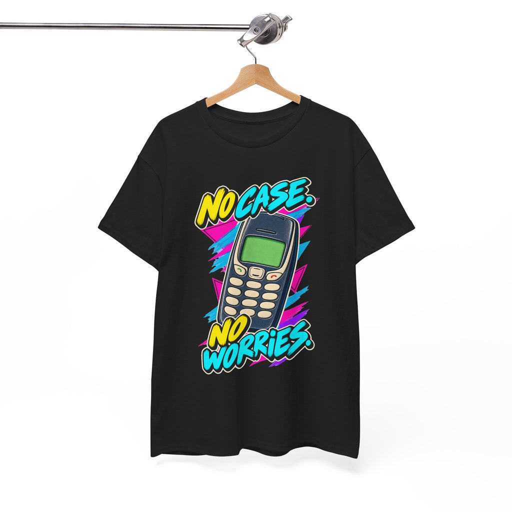 No Case No Worries T-Shirt | Retro Mobile Phone Nostalgia on a Black T-shirt, view 15 (Color: Black)