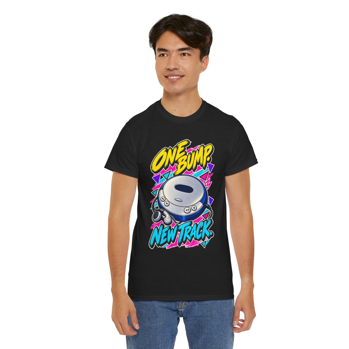 One Bump New Track T-Shirt | Retro CD Walkman Nostalgia on a Black T-shirt, view 19 (Color: Black)