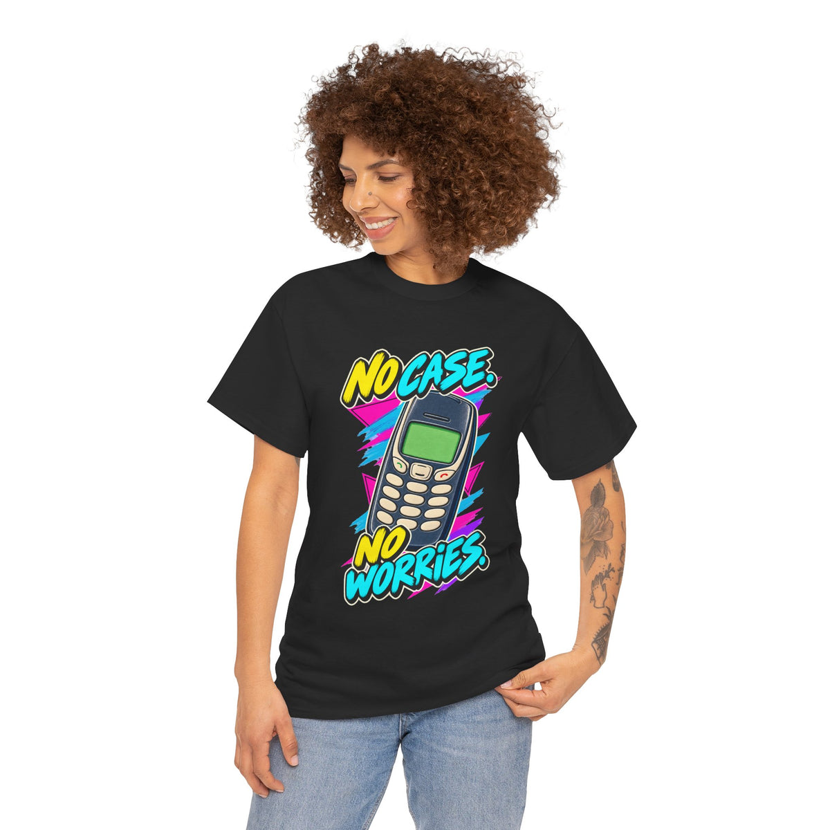 No Case No Worries T-Shirt | Retro Mobile Phone Nostalgia on a Black T-shirt, view 17 (Color: Black)