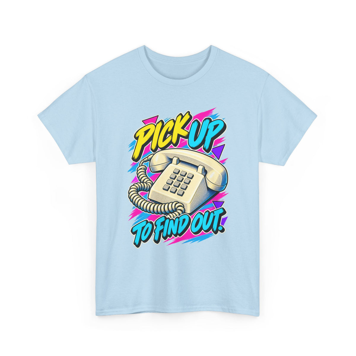 Pick Up to Find Out T-Shirt | Retro Landline Phone Nostalgia on a Light Blue T-shirt, view 3 (Color: Light Blue)