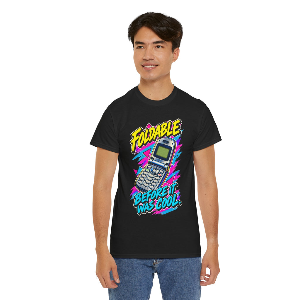 Foldable Before It Was Cool T-Shirt | Retro Flip Phone Nostalgia on a Black T-shirt, view 19 (Color: Black)