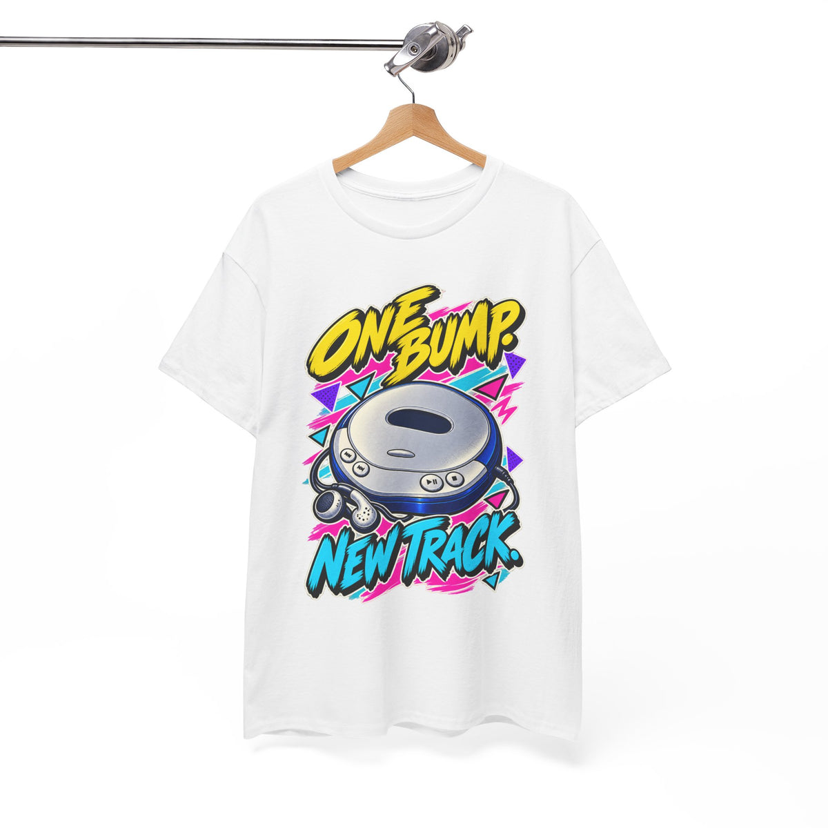 One Bump New Track T-Shirt | Retro CD Walkman Nostalgia on a White T-shirt, view 7 (Color: White)