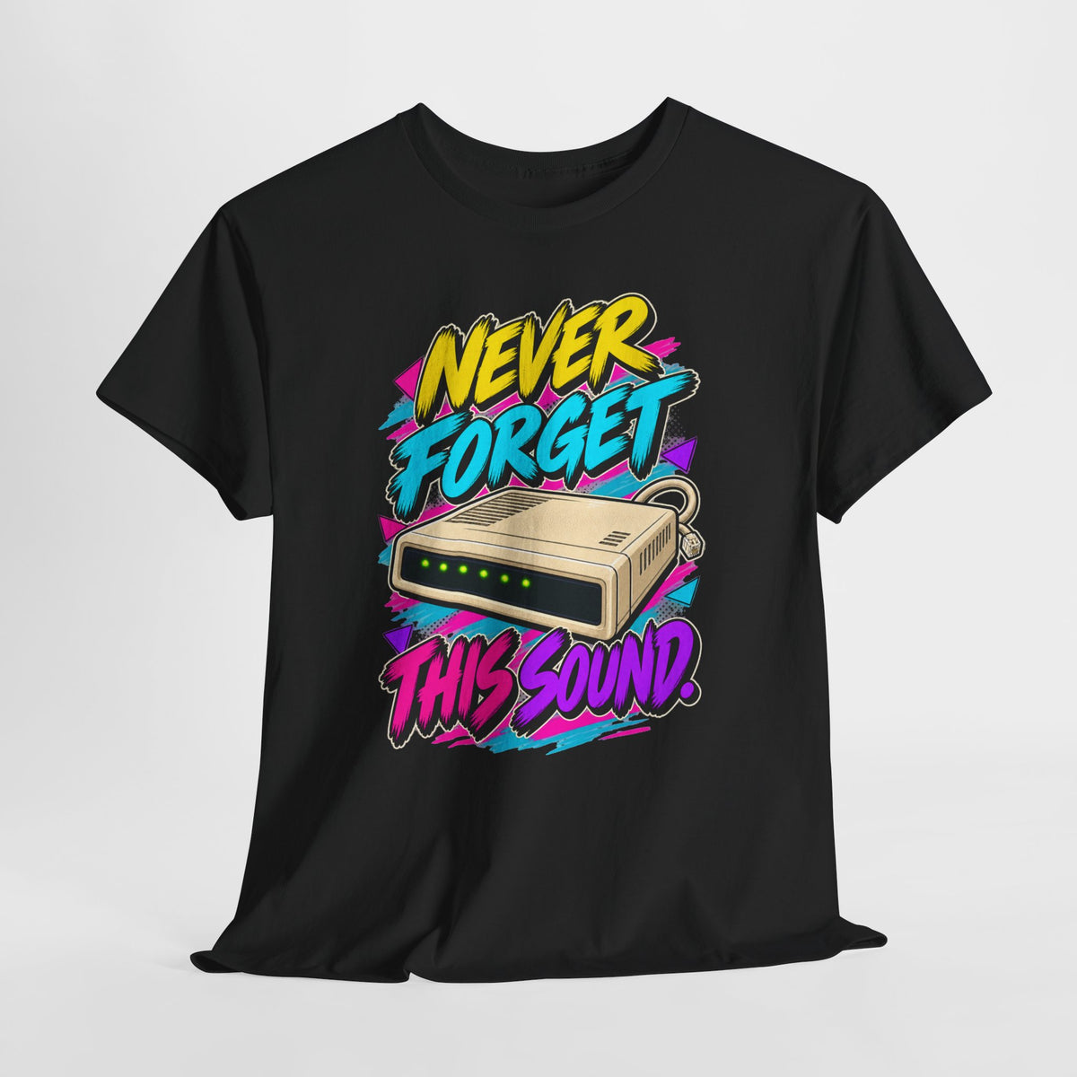 Never Forget This Sound T-Shirt | Retro Dial-Up Modem Nostalgia on a Black T-shirt, view 24 (Color: Black)