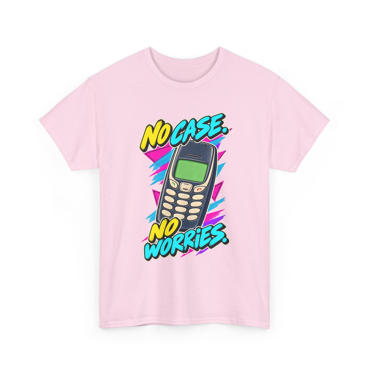 No Case No Worries T-Shirt | Retro Mobile Phone Nostalgia on a Light Pink T-shirt, view 4 (Color: Light Pink)