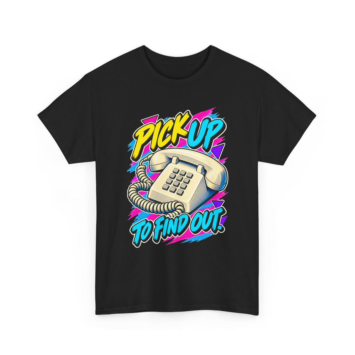 Pick Up to Find Out T-Shirt | Retro Landline Phone Nostalgia on a Black T-shirt, view 2 (Color: Black)
