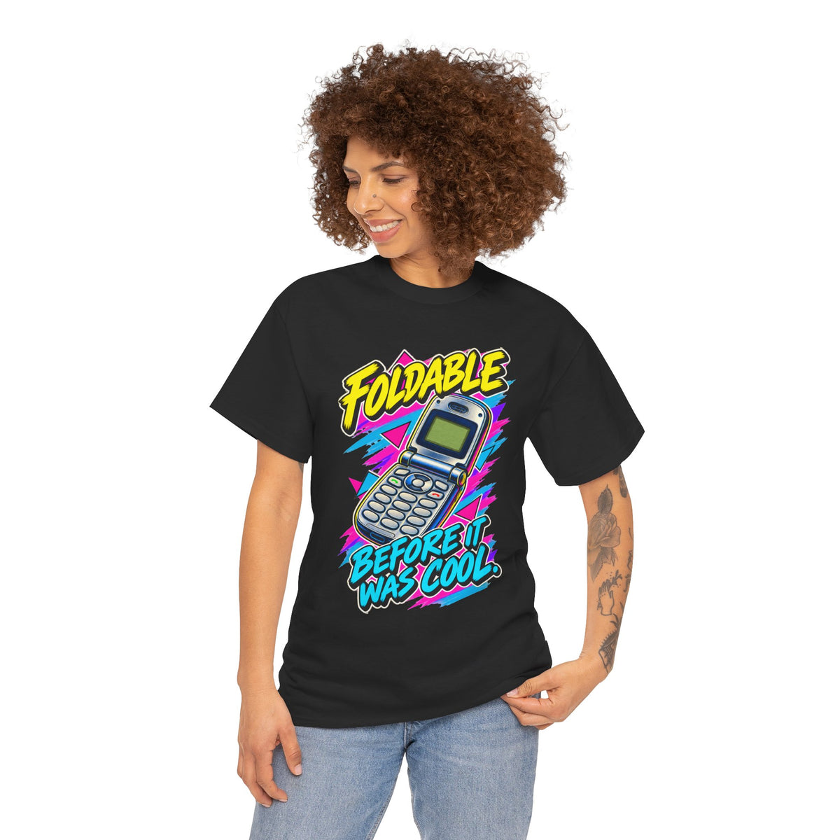 Foldable Before It Was Cool T-Shirt | Retro Flip Phone Nostalgia on a Black T-shirt, view 17 (Color: Black)