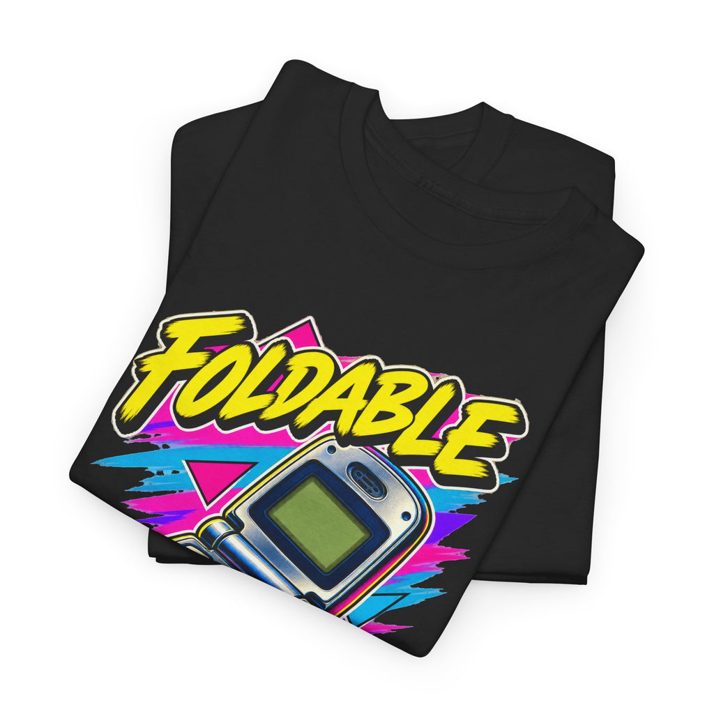 Foldable Before It Was Cool T-Shirt | Retro Flip Phone Nostalgia on a Black T-shirt, view 13 (Color: Black)