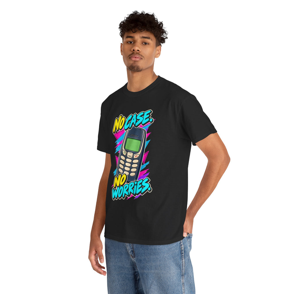 No Case No Worries T-Shirt | Retro Mobile Phone Nostalgia on a Black T-shirt, view 18 (Color: Black)