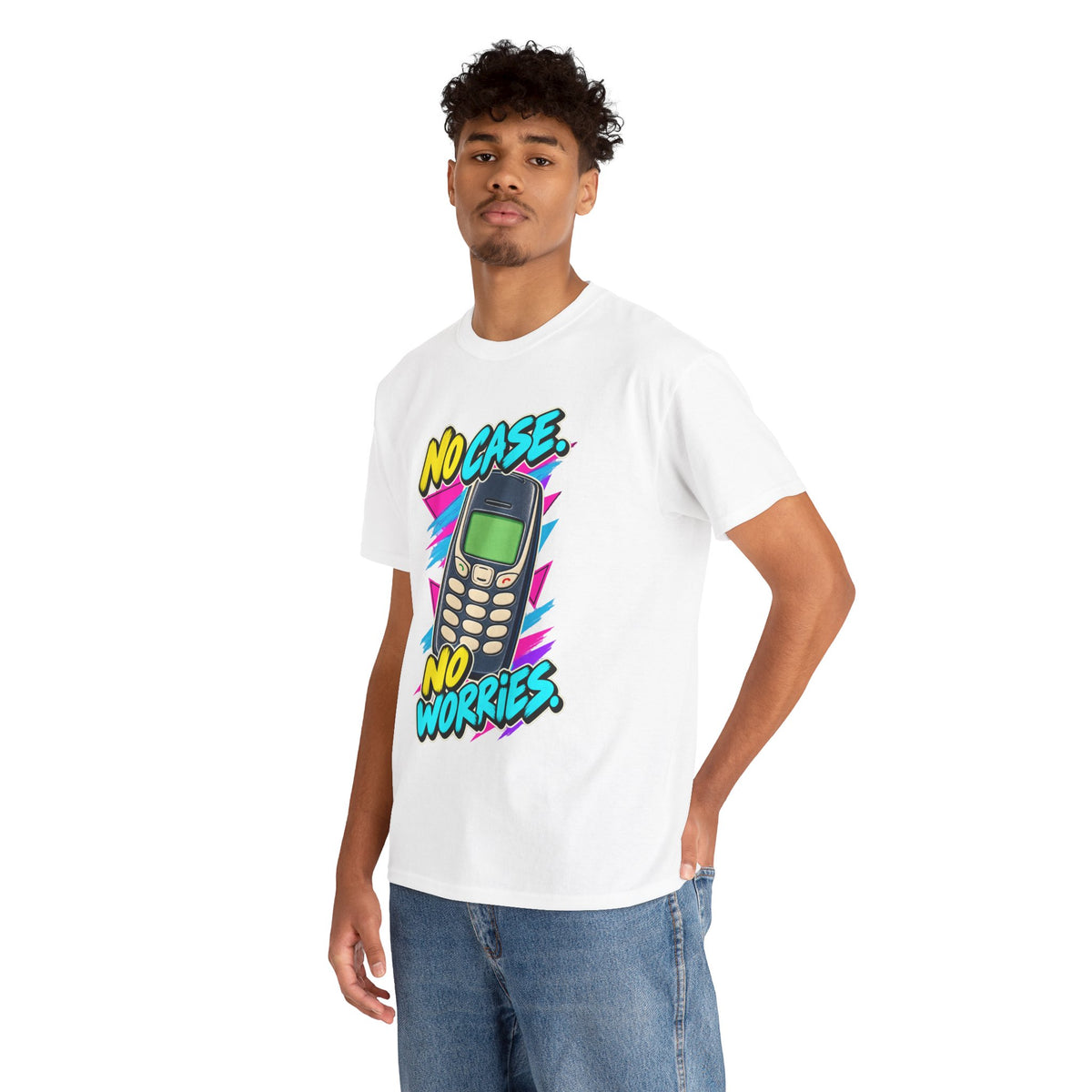 No Case No Worries T-Shirt | Retro Mobile Phone Nostalgia on a White T-shirt, view 10 (Color: White)