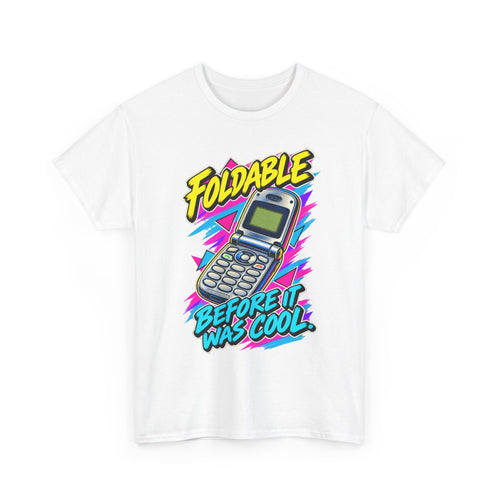 Foldable Before It Was Cool T-Shirt | Retro Flip Phone Nostalgia on a White T-shirt, view 1 (Color: White)