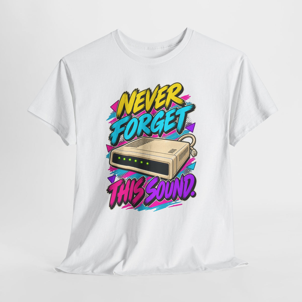 Never Forget This Sound T-Shirt | Retro Dial-Up Modem Nostalgia on a White T-shirt, view 6 (Color: White)