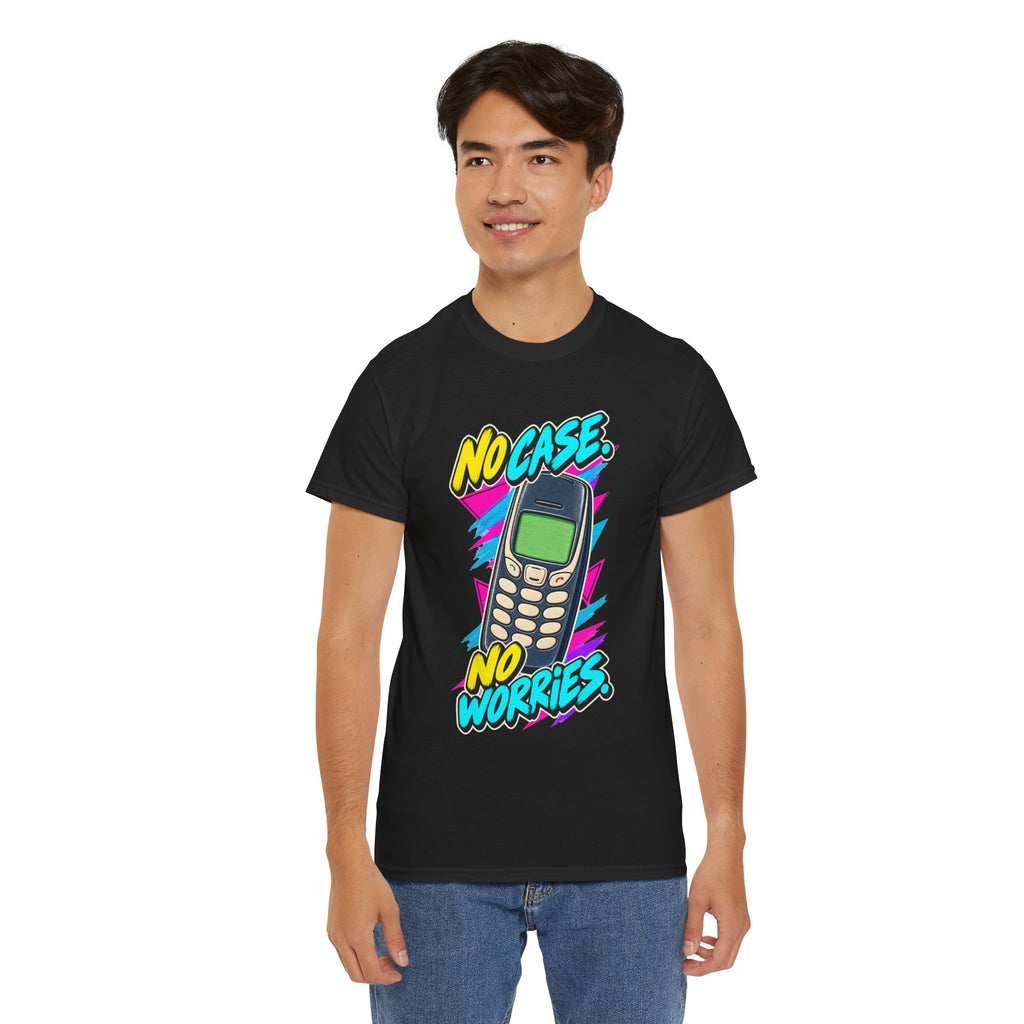 No Case No Worries T-Shirt | Retro Mobile Phone Nostalgia on a Black T-shirt, view 19 (Color: Black)