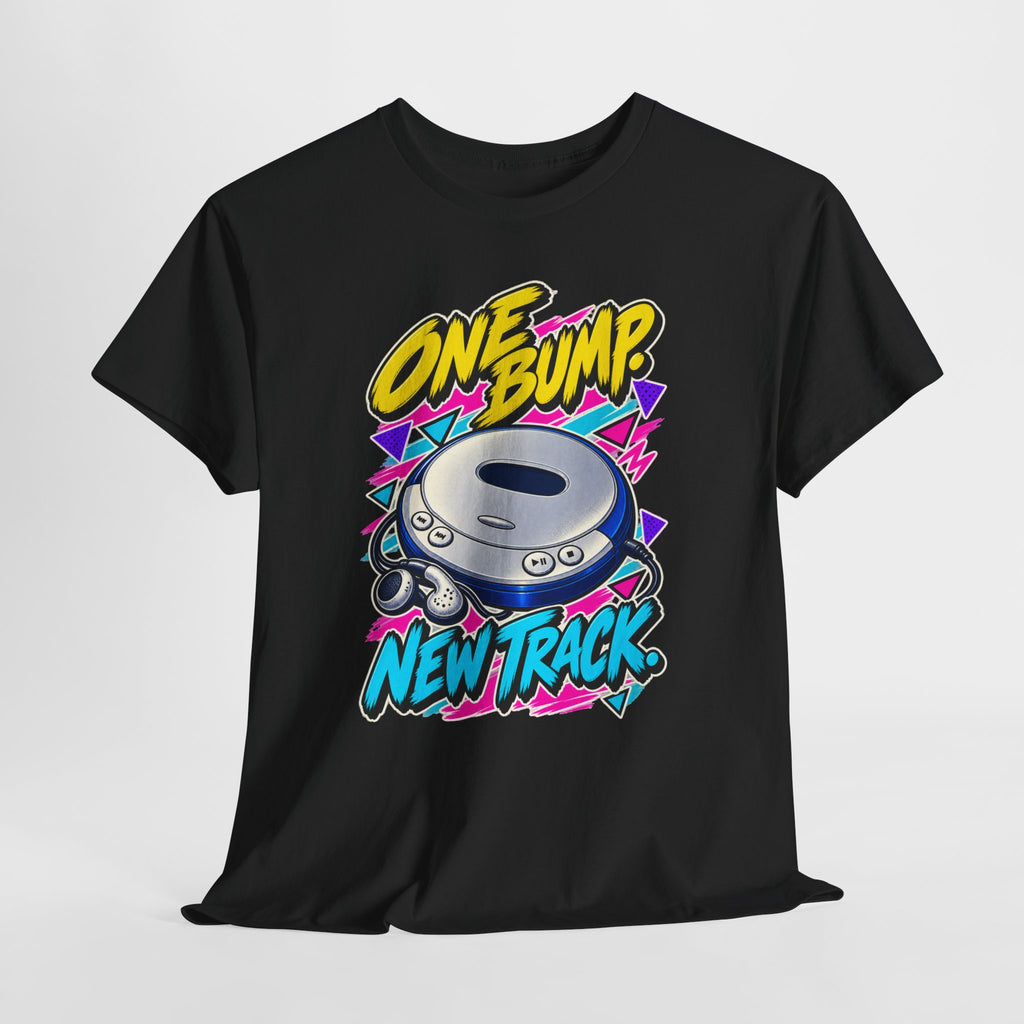 One Bump New Track T-Shirt | Retro CD Walkman Nostalgia on a Black T-shirt, view 14 (Color: Black)