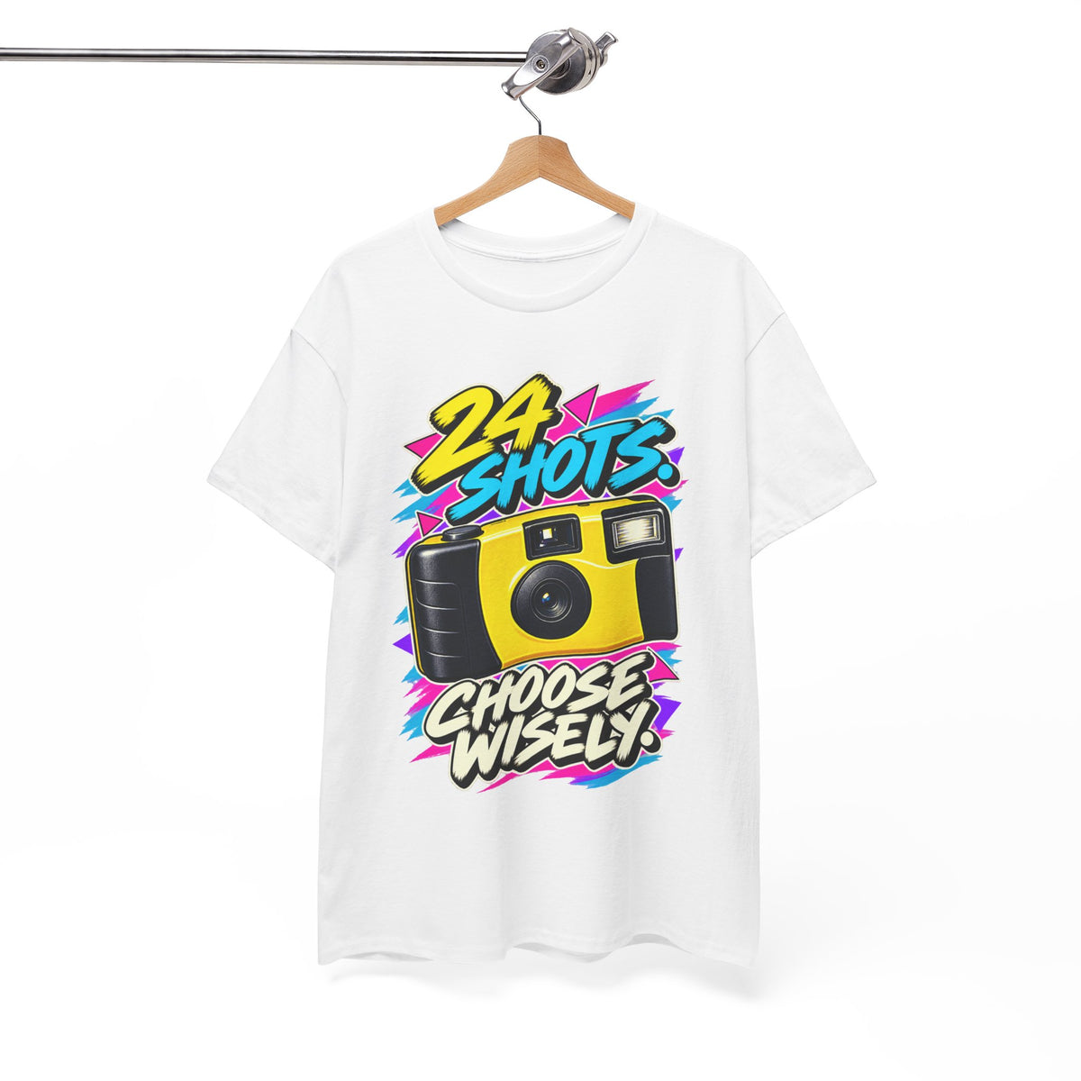24 Shots Choose Wisely T-Shirt | Retro Disposable Camera Nostalgia on a White T-shirt, view 7 (Color: White)