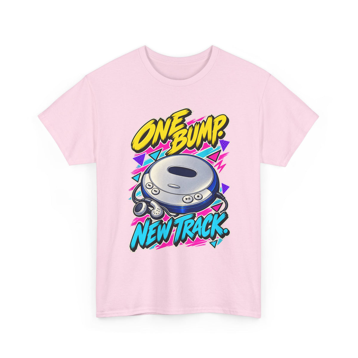 One Bump New Track T-Shirt | Retro CD Walkman Nostalgia on a Light Pink T-shirt, view 4 (Color: Light Pink)
