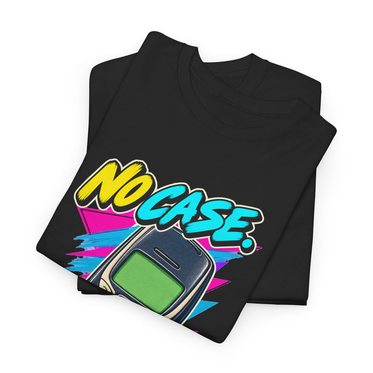 No Case No Worries T-Shirt | Retro Mobile Phone Nostalgia on a Black T-shirt, view 13 (Color: Black)