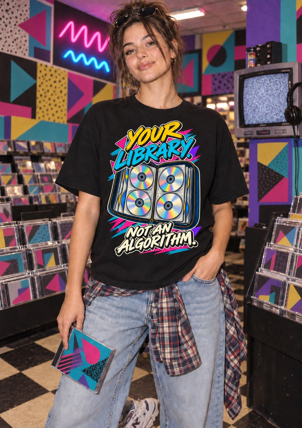 Lifestyle shoot: model wearing the CD binder T-shirt in a record store (Color: Black)