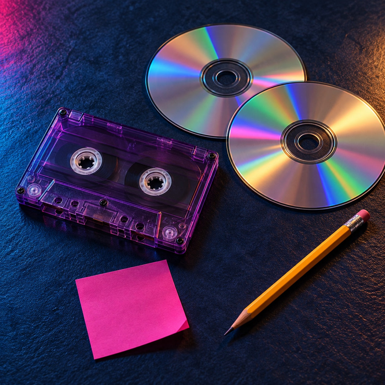 A translucent cassette tape, compact discs, and a pencil